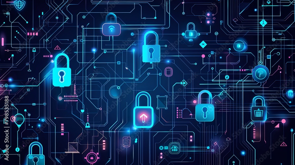 Digital locks and circuits in neon blue and pink hues representing digital security.