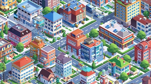 The image shows an isometric city. There are many buildings, trees, and cars. The buildings are of different colors and shapes.   © Awais