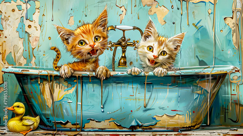Fluffy kittens  in a blue vintage bathtub smiles broadly. Surreal art with weird animal.
