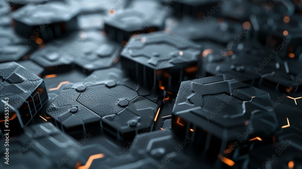 Fototapeta premium A geometric abstraction with interlocking triangles and hexagons, forming a complex and secure blockchain network. 