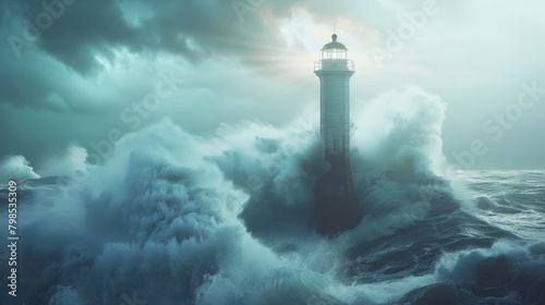 Image of ocean landscape. Lighthouse in stormy weather