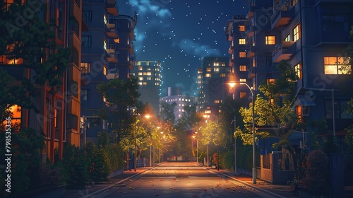 The image is of an anime street background with a night sky, street lights, and buildings with windows that are lit up.   © Awais