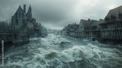 Rising Sea Levels: Ancient European Coastal Town Flooded by Overflowing River - Environmental Disaster Concept