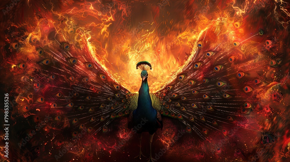 Majestic Peacock in a Fiery Dance: Radiance Unleashed. - obrazy, fototapety, plakaty 
