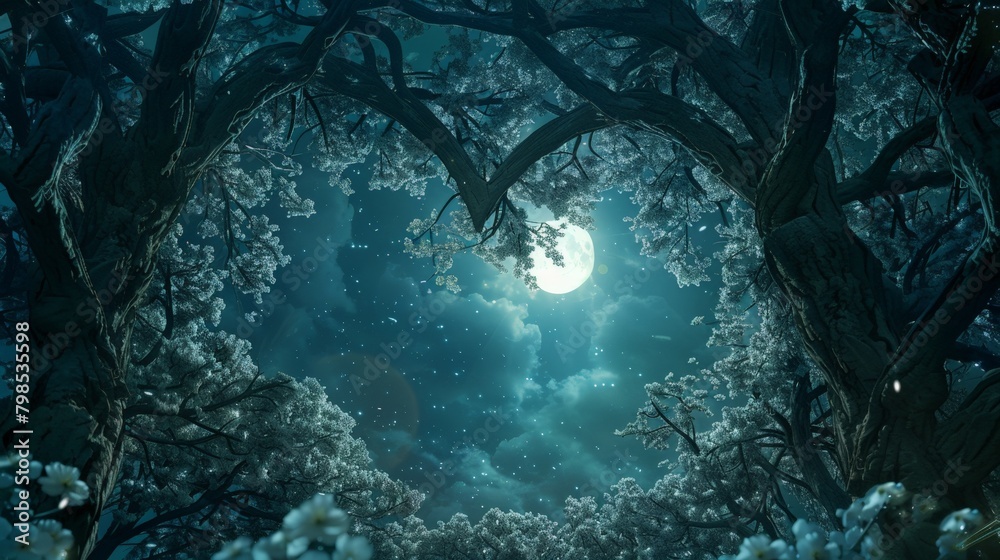 A heart-shaped forest clearing bathed in moonlight, with blossoming trees forming a canopy of intertwined branches. A heart-shaped forest clearing bathed in moonlight, with blossoming trees forming a canopy of intertwined branches.