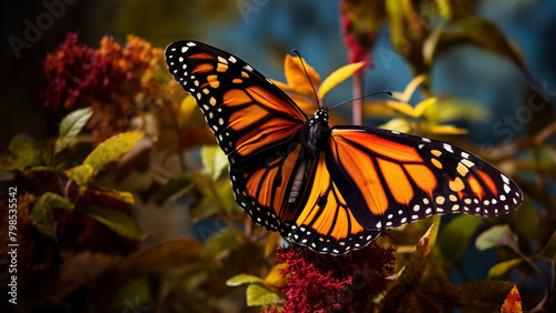 An illustration of a Monarch butterfly in a garden. © Daniel L