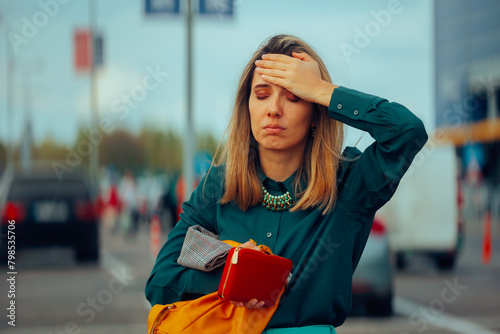 Fotografie Forgetful Woman Checking her Bag Losing her Money