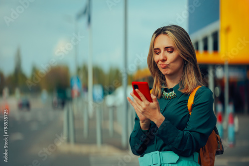 Funny Woman Checking her Mobile Phone. Happy girl looking for car renting app in a big city  © nicoletaionescu