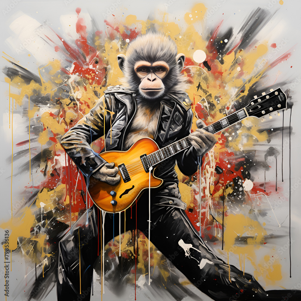 monkey playing electric guitar, generative ai illustration, Graffiti, modernpainting, full body, standing on 2 lege,