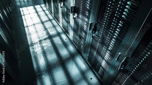 A high-angle shot of a server room with rows of computers secured with steel padlocks, casting long shadows. 