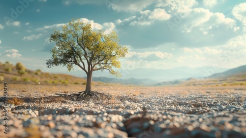 The image shows a large tree in a vast desert landscape photo