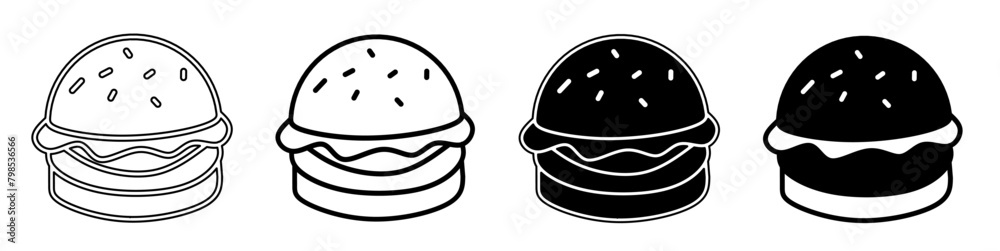 Black and white illustration of a burger. Burger icon collection with line. Stock vector illustration. Black and white illustration of a burger. Burger icon collection with line. Stock vector illustration.