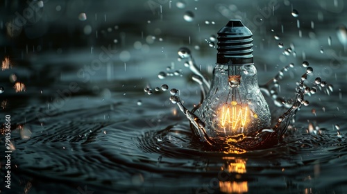 A light bulb made entirely of water droplets, with the filament glowing beneath the surface like a hidden idea. 