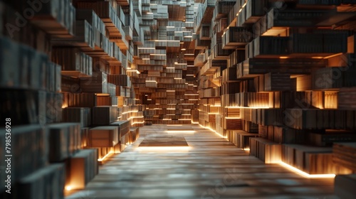 A maze built entirely of bookshelves, with glowing book spines representing knowledge and the path to a technological breakthrough. photo