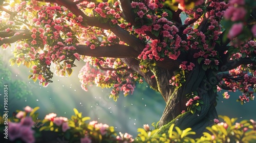 A majestic tree with a blocky trunk and branches that sprout vibrant, geometric flowers. 