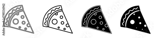 Black and white illustration of a pizza. Pizza icon collection with line. Stock vector illustration.