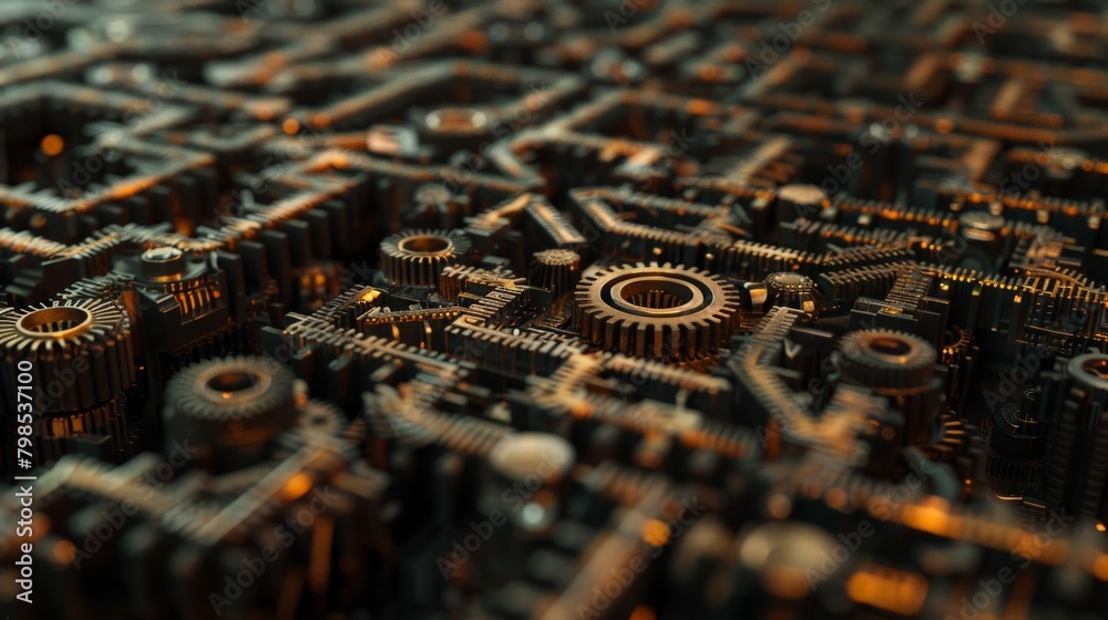 A maze constructed from interlocking gears and cogs, representing the intricate mechanics of technology and the challenge of finding a solution.  