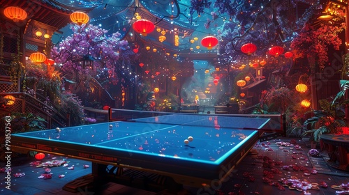 Competitive ping pong in an artistic, magical setting, beautifully colored and filled with imaginative elements
