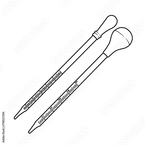 Vector illustration Pipettes hand drawn sketch laboratory tools line art, isometric view, isolated on white background, For kids coloring book or science illustration.