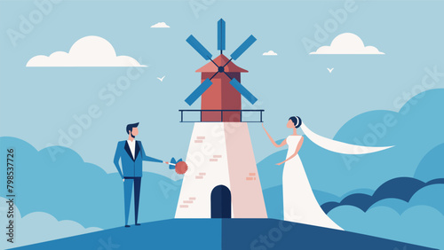 The sound of creaking blades and rushing wind provides a serene backdrop as a pair of newlyweds exchange heartfelt vows atop a tall and majestic. Vector illustration