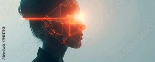 A minimalist portrait of a person with their face obscured by a glowing geometric shape, representing the human connection to technology.   photo