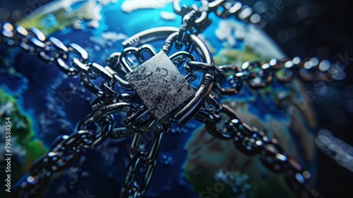 A network of steel padlocks connected by chains, forming a shield around a globe representing global cybersecurity. 