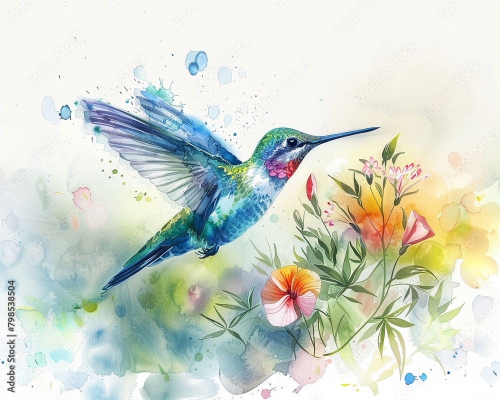 Hand drawn watercolor hummingbird, bright colors, serene setting, Nature theme