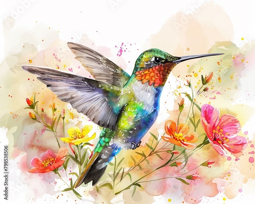 Brightly colored hummingbird in watercolor  hand drawn  serene nature theme  vibrant details