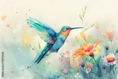 Vibrant and serene watercolor hummingbird, bright hand drawn colors, natural backdrop