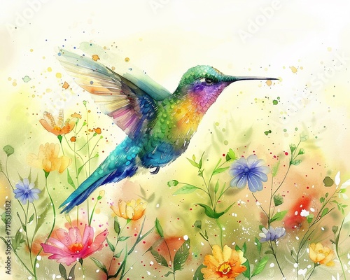 Hand drawn watercolor hummingbird, bright colors, serene setting, vibrant nature background