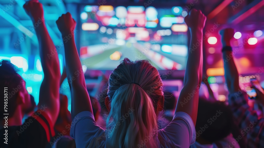 Close-up on a group of spectators with hands raised and faces joyful as they watch a race unfold on a nearby television screen