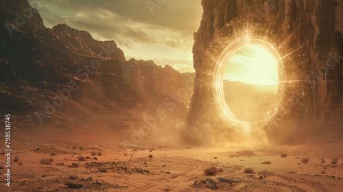 A portal made of shimmering light opens up in a barren desert landscape, revealing a glimpse of a fantastical world beyond 