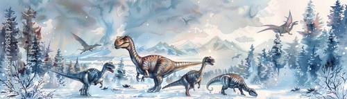 Dinosaurs frolicking in a watercolor winter wonderland