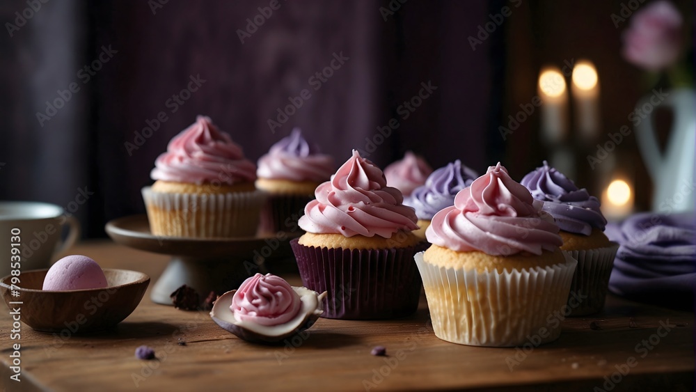 Delicious pink and purple cupcakes arranged on a wooden table Delicious pink and purple cupcakes arranged on a wooden table