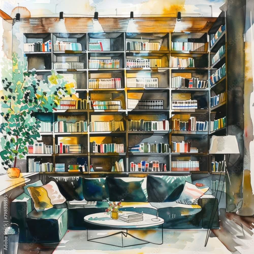 A minimalist modern library with sleek designs and splashes of color in watercolor style