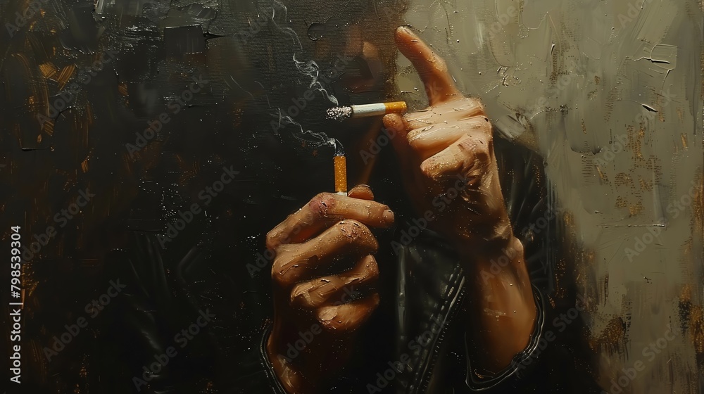 Craft a striking oil painting capturing a frontal view of a defiant figure refusing a cigarette, emphasizing the intricate details of the hand, - obrazy, fototapety, plakaty 