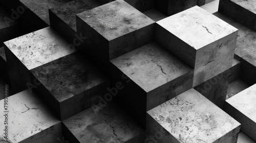 A series of interlocking black and white blocks on a stark canvas, each one revealing a glimpse into a different fantastical world.  photo