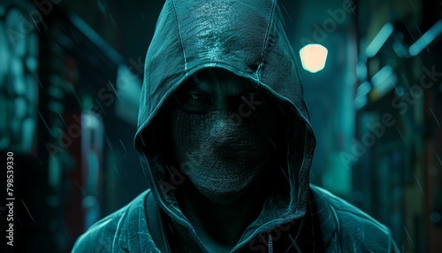 Craft a suspenseful scene in a CG 3D rendering style, portraying the robber with a unique hood and mask, creating a sense of depth against a dark background, emphasizing the tension of the moment,