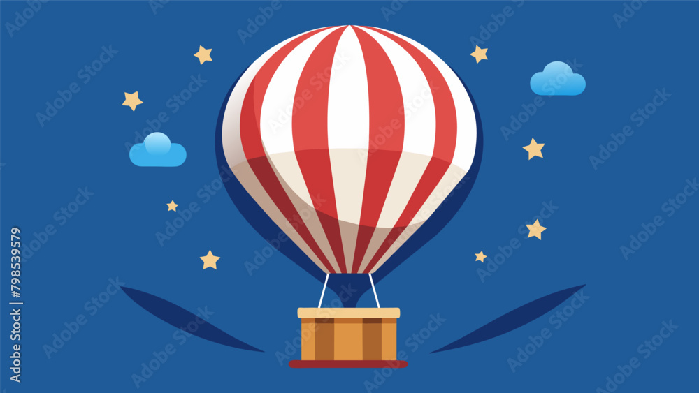 A striking paper hot air balloon floating high above the exhibition with bold stripes and stars adorning its surface.. Vector illustration A striking paper hot air balloon floating high above the exhibition with bold stripes and stars adorning its surface.. Vector illustration