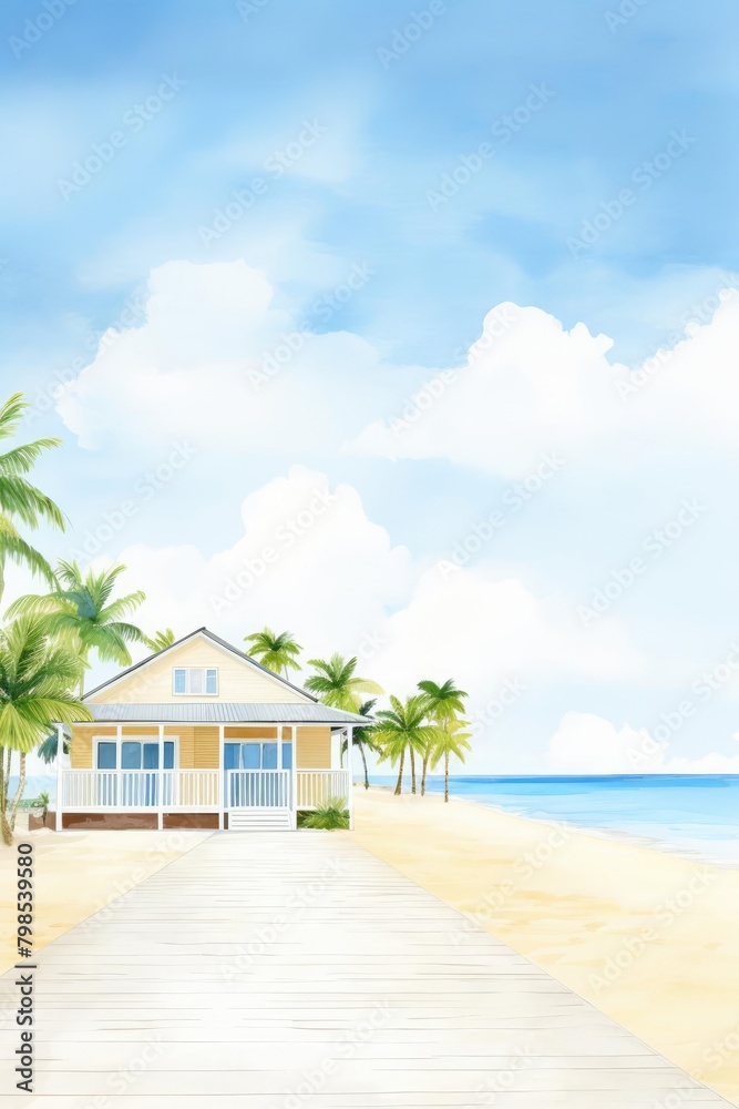 bungalow, beachfront bungalow, cartoon drawing, water color style,