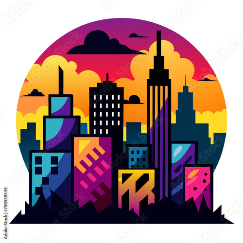 Showcasing a city skyline at dusk, infused with colorful graffiti murals and silhouettes of fashionable figures embodying the spirit of contemporary urban fashion