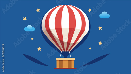 A striking paper hot air balloon floating high above the exhibition with bold stripes and stars adorning its surface.. Vector illustration