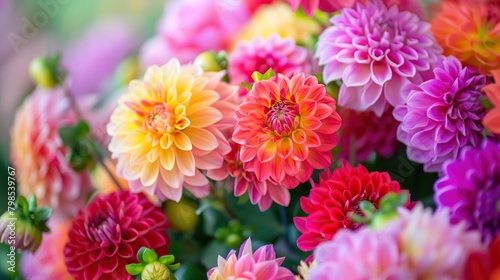 A close-up of a bouquet of multicolored dahlia flowers. The flowers are mostly pink, red, and purple, with some yellow and white flowers as well. The flowers are in focus, with a blurred background.