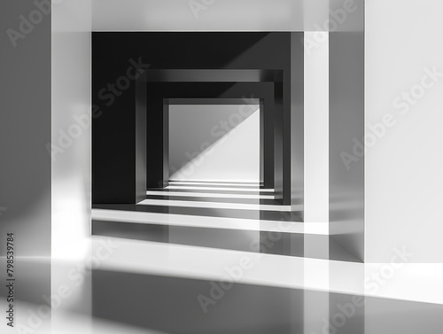 The image is a black and white photo of a hallway with a bright light at the end