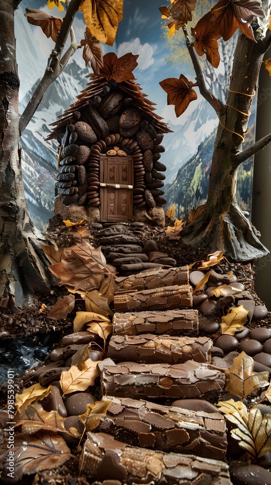 Enchanted Chocolate Cabin in a Forest of Autumnal Candy Leaves