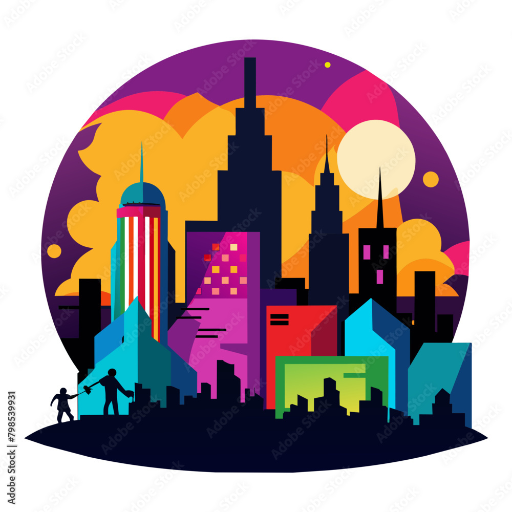 Showcasing a city skyline at dusk, infused with colorful graffiti murals and silhouettes of fashionable figures embodying the spirit of contemporary urban fashion