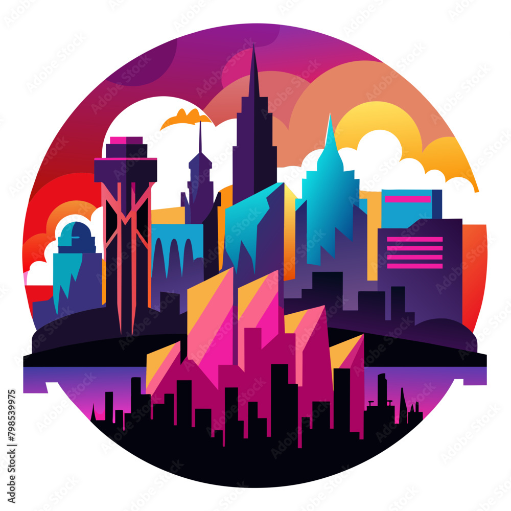 Showcasing a city skyline at dusk, infused with colorful graffiti murals and silhouettes of fashionable figures embodying the spirit of contemporary urban fashion