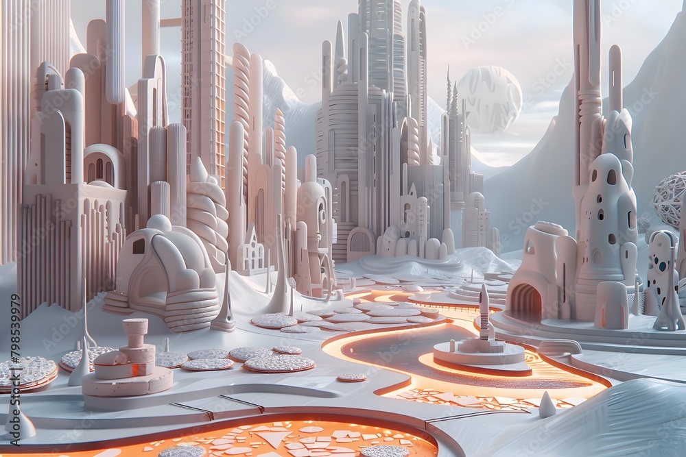 Snowy Confectionery Metropolis with Flowing Marshmallow Rivers - obrazy, fototapety, plakaty 