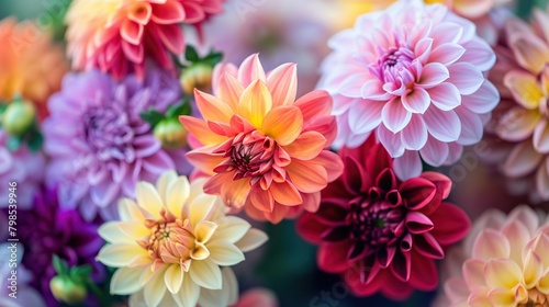 A close-up of a bouquet of multicolored dahlia flowers. The flowers are mostly pink, red, and purple, with some yellow and white flowers as well. The flowers are in focus, with a blurred background.   © Awais