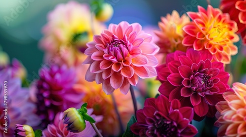 A close-up of a bouquet of multicolored dahlia flowers. The flowers are mostly pink, red, and purple, with some yellow and white flowers as well. The flowers are in focus, with a blurred background.
